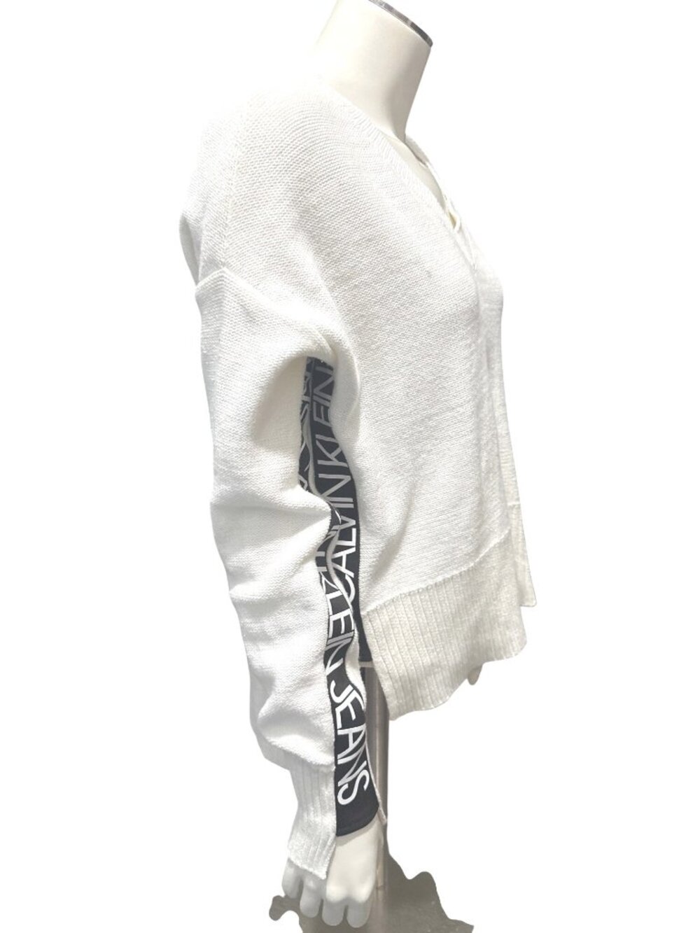 Calvin Klein Jeans Size XS White Logo Sleeve V Neck Sweater Streetwear Logo Core - Picture 5 of 10